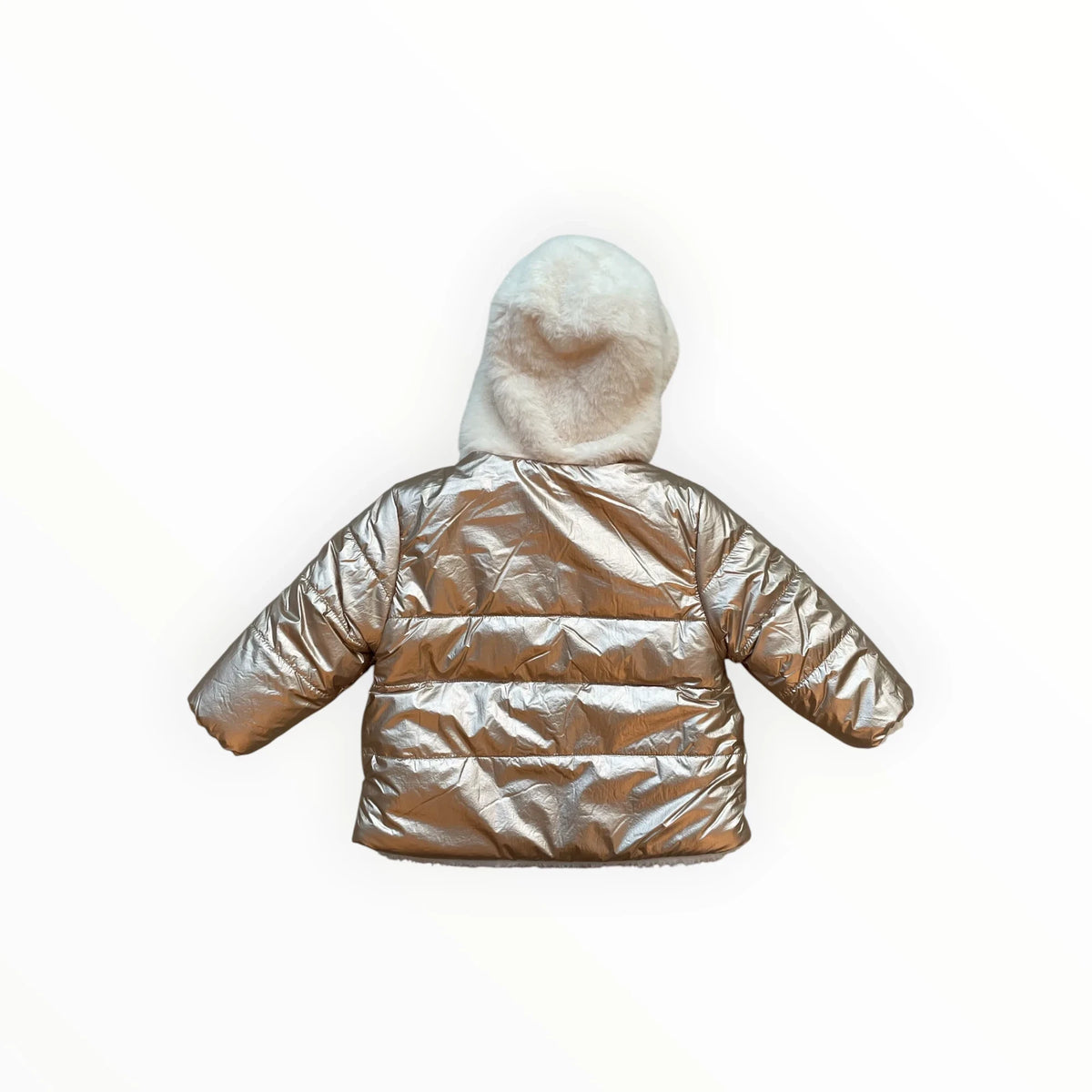 Pierrot Outlet metallic gouden gewatteerde winterjas voor kinderen met een crèmekleurige imitatiebont capuchon