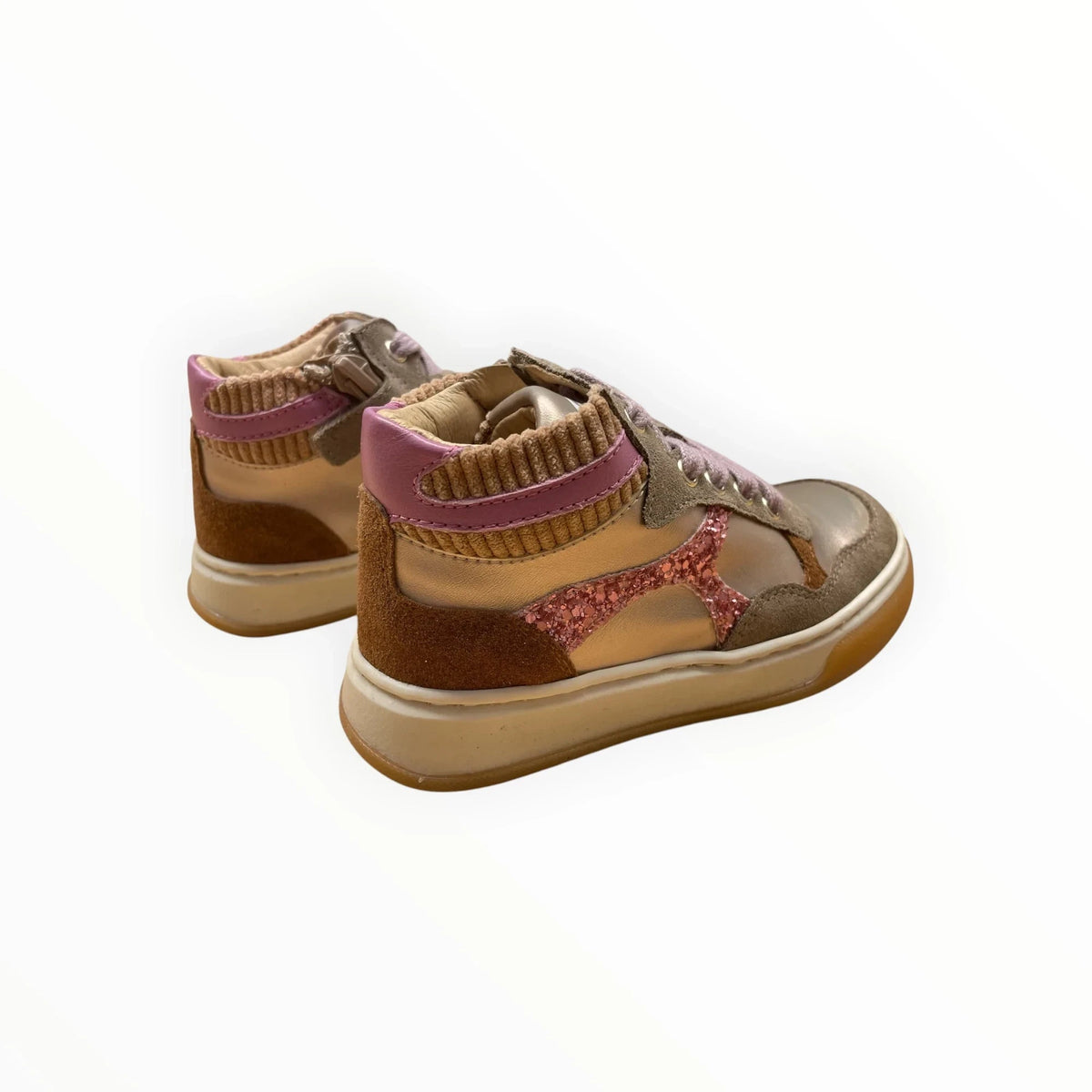 Pierrot Outlet hoge kindersneakers in metallic goud, bruin suède en roze glitter met veters en ritssluiting