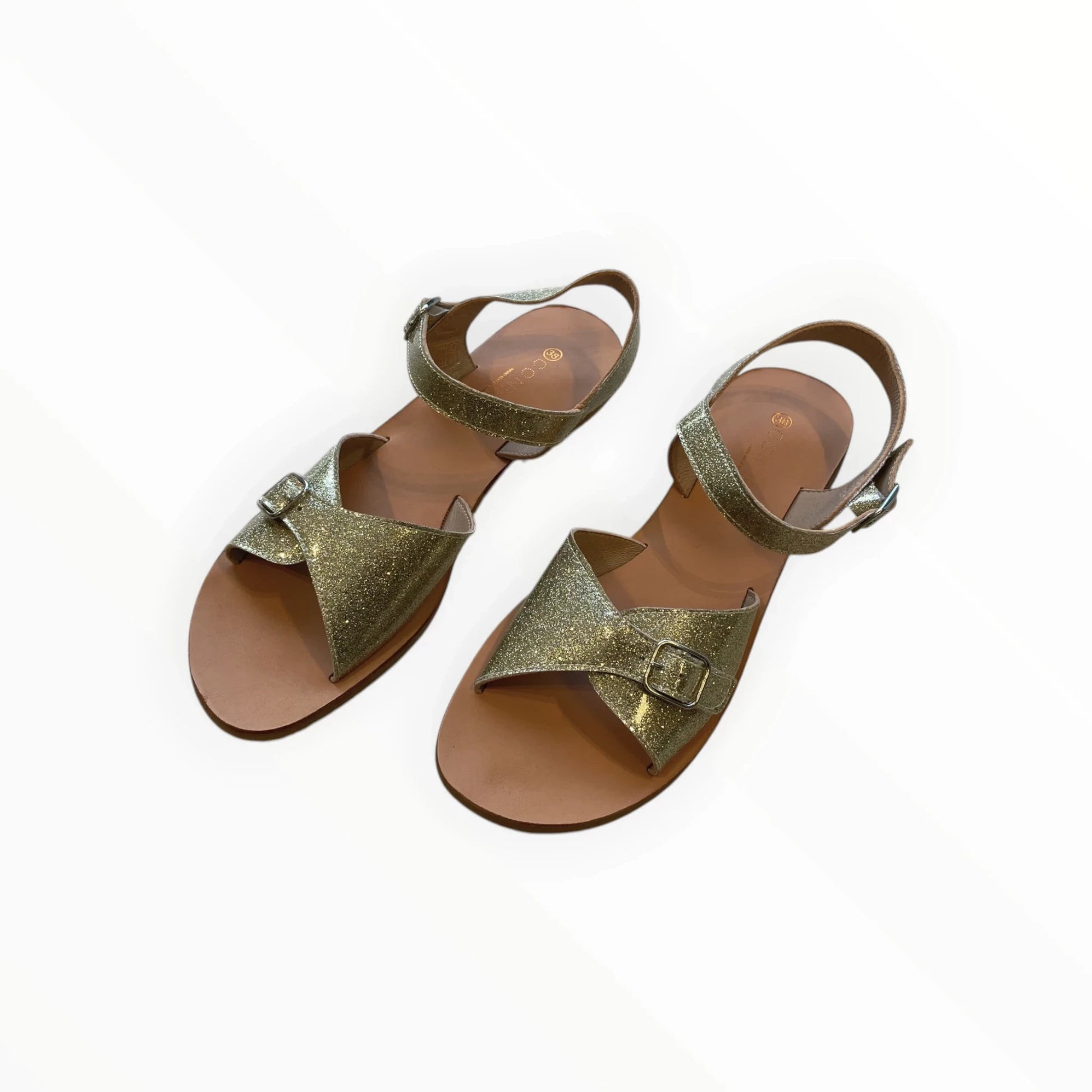 Pierrot Outlet gouden glitter sandalen met gesp en verstelbare enkelband, leren zool.