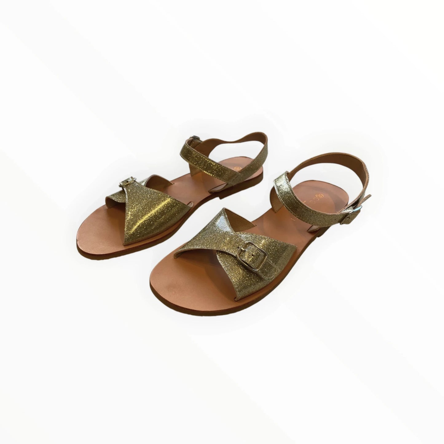 Pierrot Outlet gouden glitter sandalen met verstelbare enkelband en gesp. Leren zool.