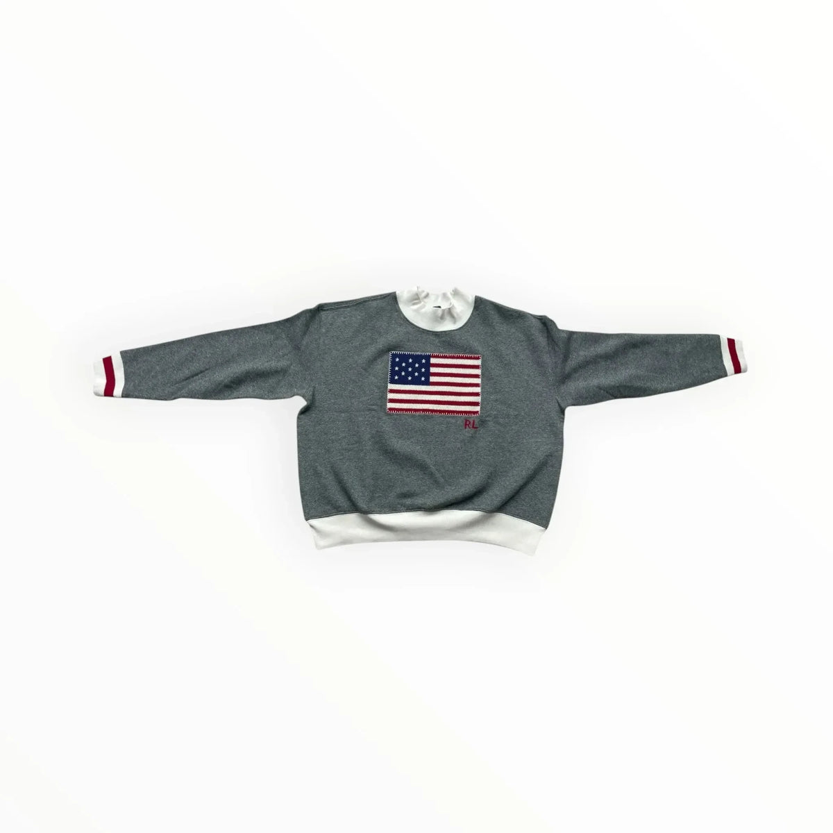 Pierrot Outlet heather grey cotton blend pullover sweatshirt featuring an embroidered American flag patch and RL logo.