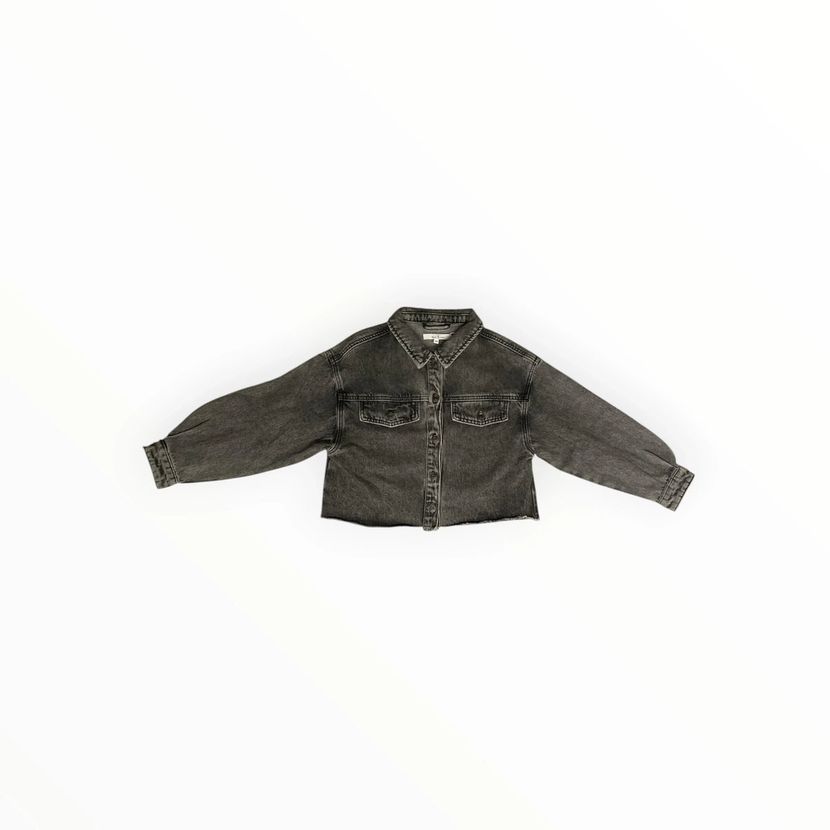 Pierrot Outlet grijs denim spijkerjasje met pofmouwen, kraag, knoopsluiting en een rafelige zoom.