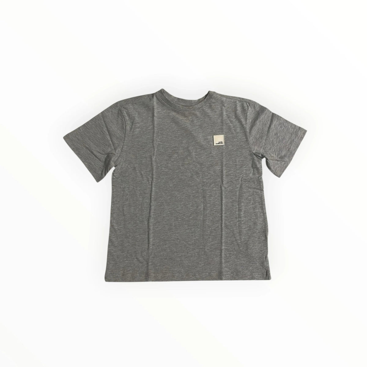 Pierrot Outlet grijs gemêleerd T-shirt van katoenmix met korte mouwen en een subtiel vierkant logolabel op de borst.