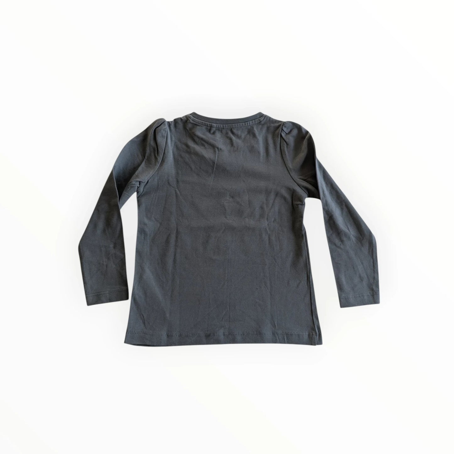 Pierrot Outlet grijs katoenen T-shirt met lange mouwen, ronde hals en pofmouwtjes met tekstopdruk.