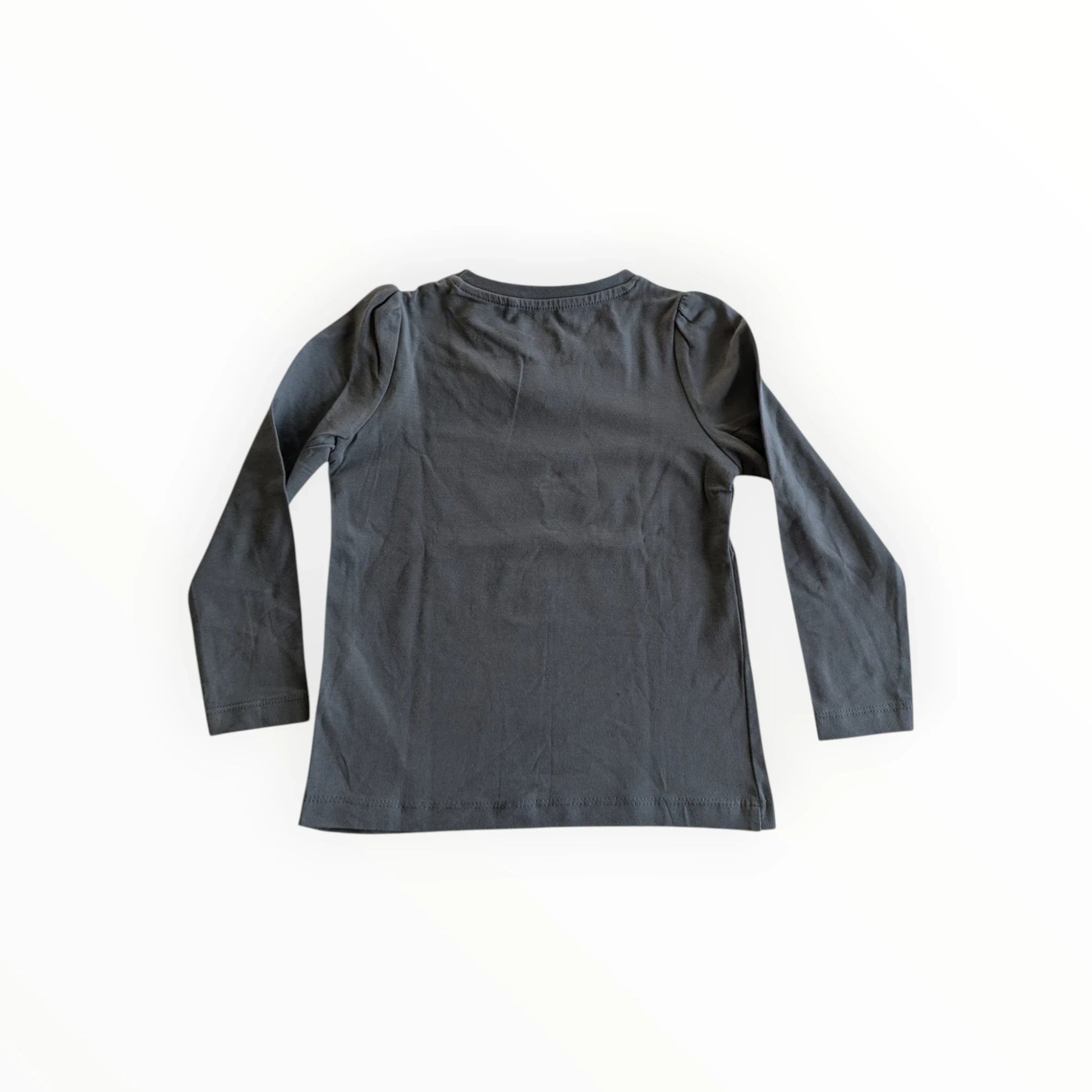 Pierrot Outlet grijs katoenen T-shirt met lange mouwen, ronde hals en pofmouwtjes met tekstopdruk.