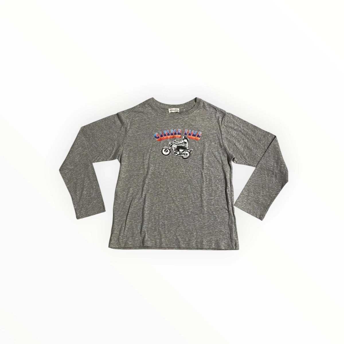 Pierrot Outlet grijs gemêleerd shirt met lange mouwen en retro Gimme Five motorfiets print op de voorzijde.