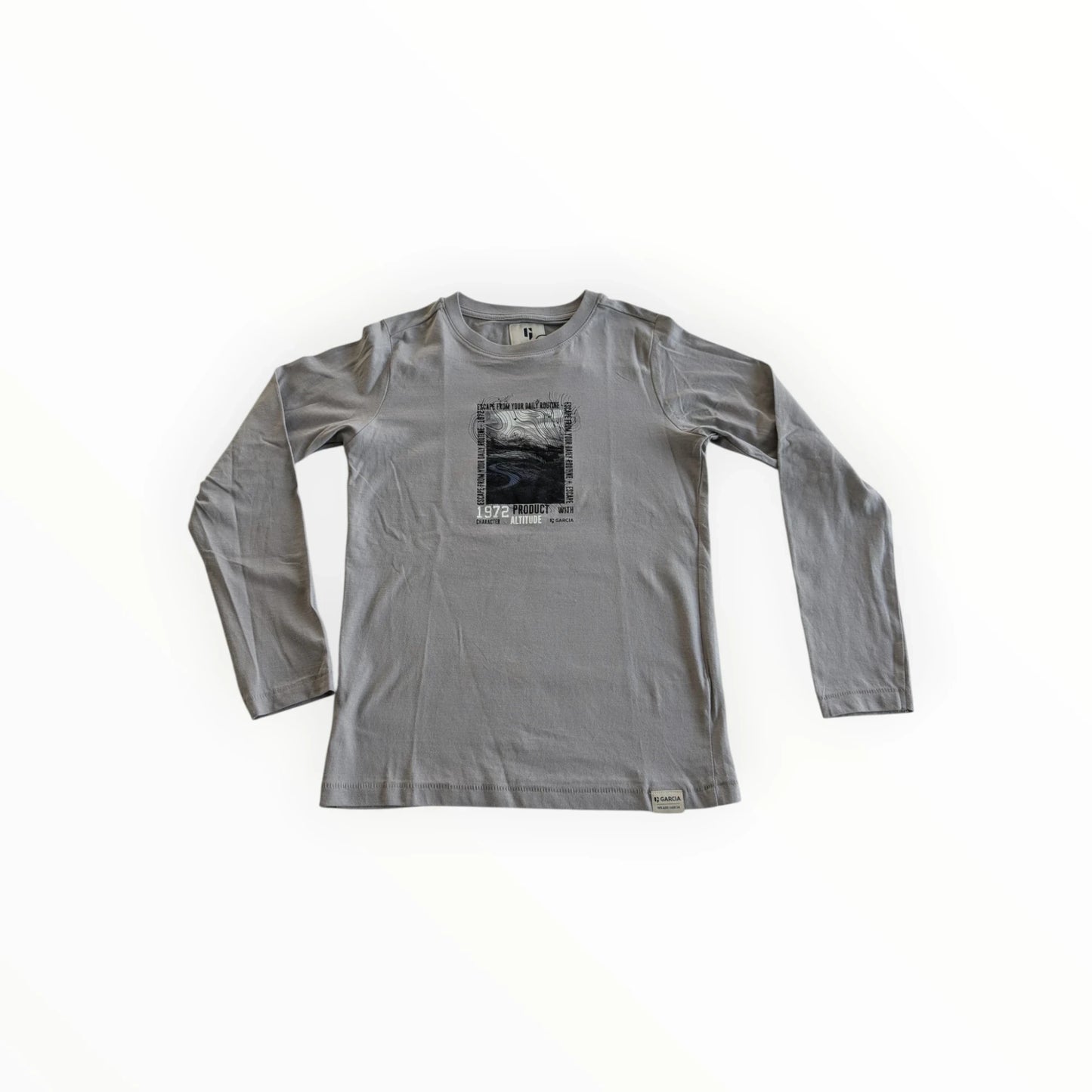 Pierrot Outlet grijs katoenen T-shirt met lange mouwen en grafische print op de borst.