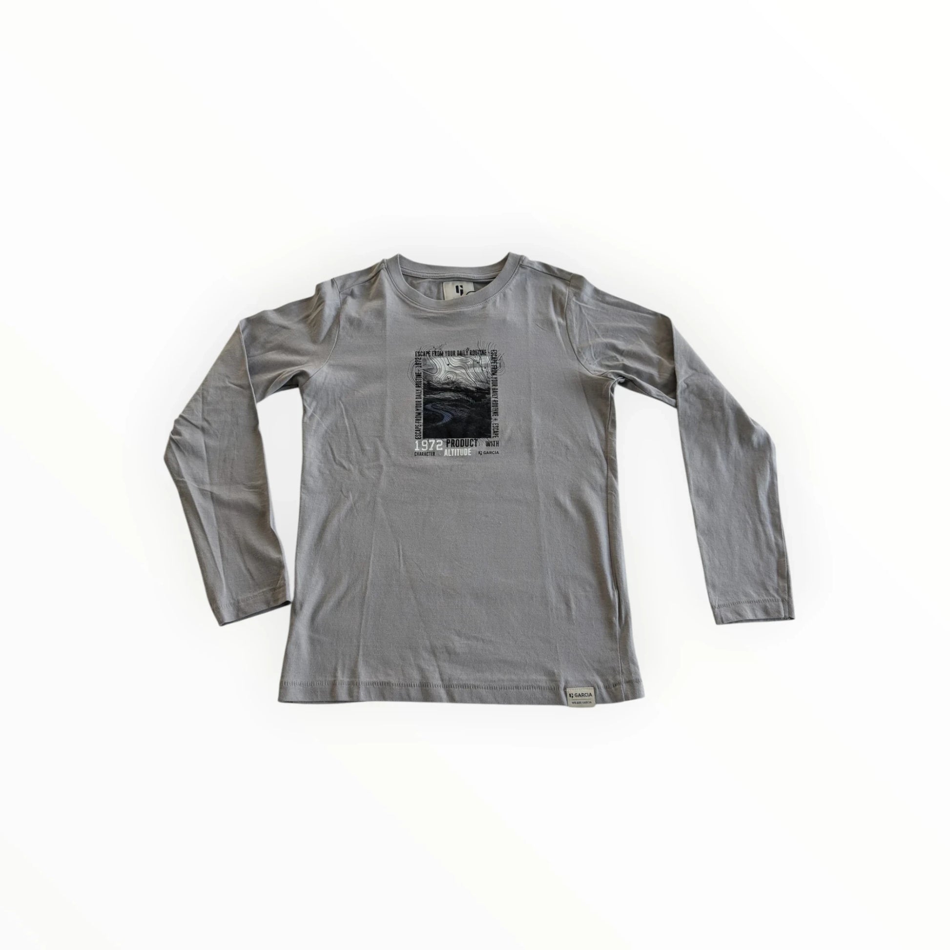 Pierrot Outlet grijs katoenen T-shirt met lange mouwen en grafische print op de borst.