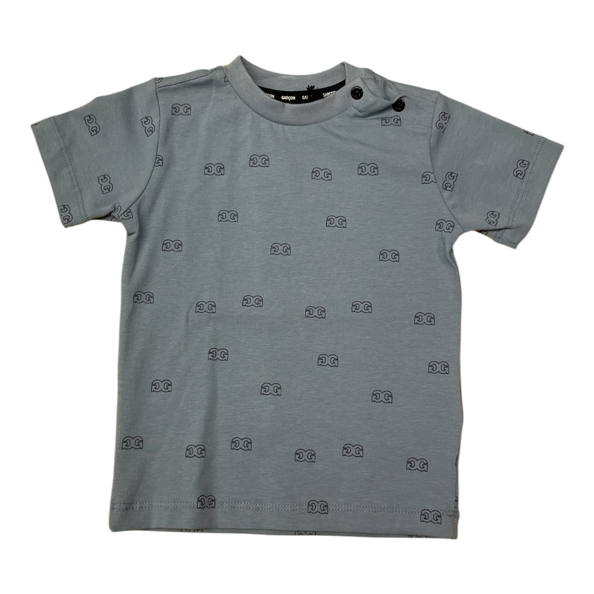 Pierrot Outlet grijze katoenen baby T-shirt met all-over DG-logo print en drukknoopsluiting op de schouder.
