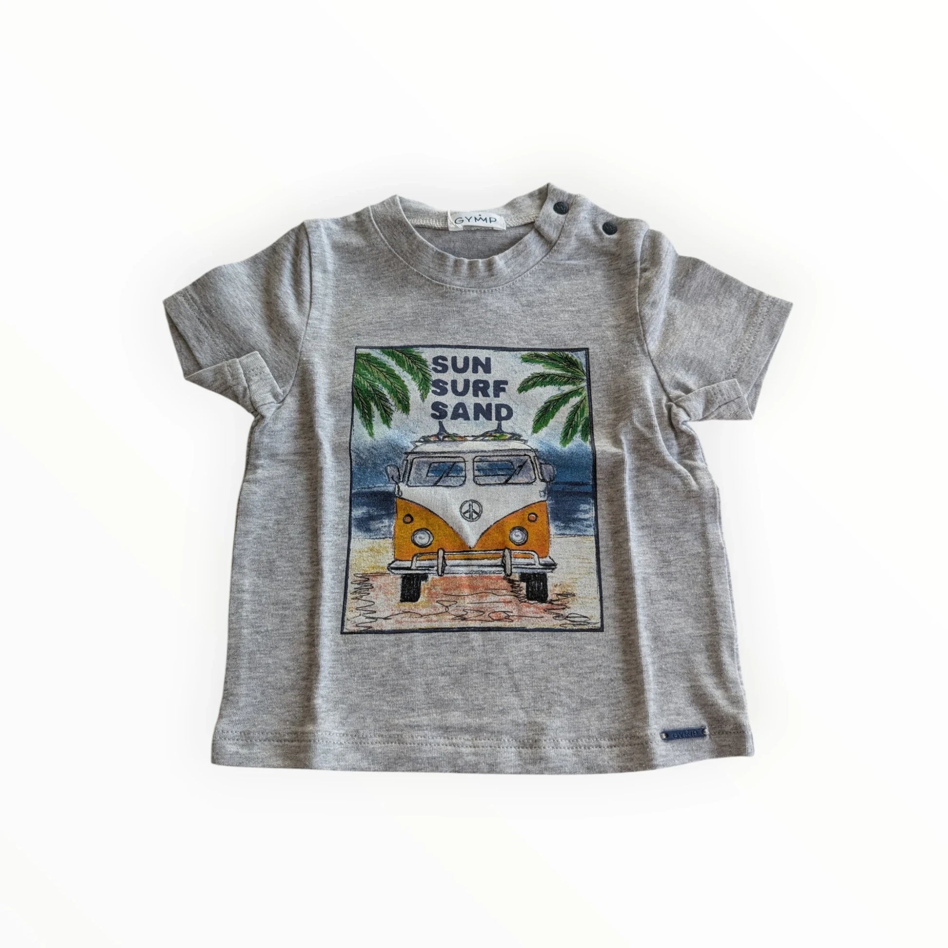 Pierrot Outlet grijze katoenen baby T-shirt met korte mouwen, ronde hals en VW bus opdruk.