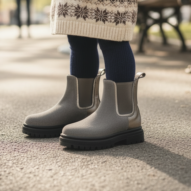 Pierrot Outlet grijze chelsea boots met grove profielzool en metallic accenten gedragen door een kind in het park