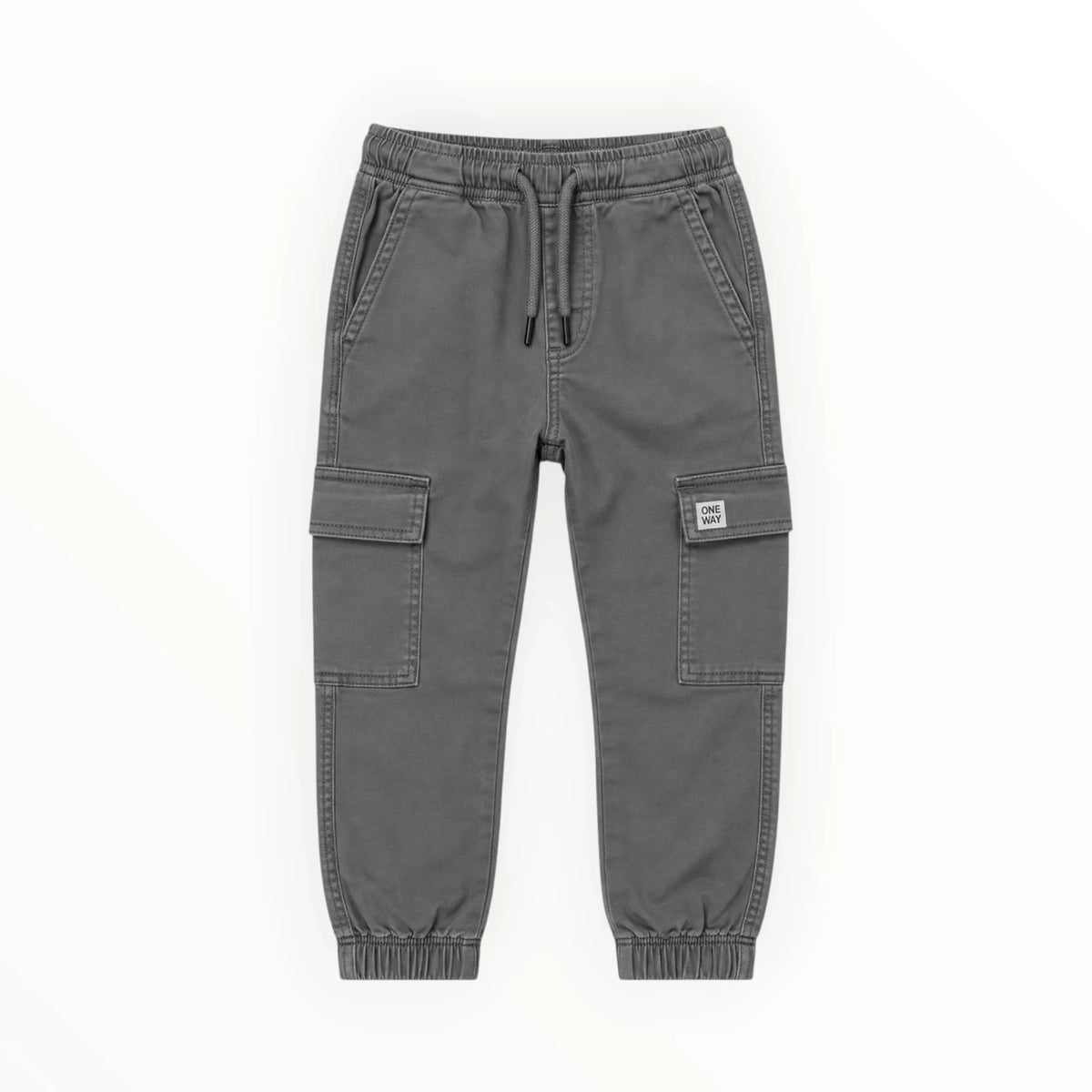 Pierrot Outlet grijze jongens cargo broek met elastische tailleband, trekkoord en cargozakken met ONE WAY label