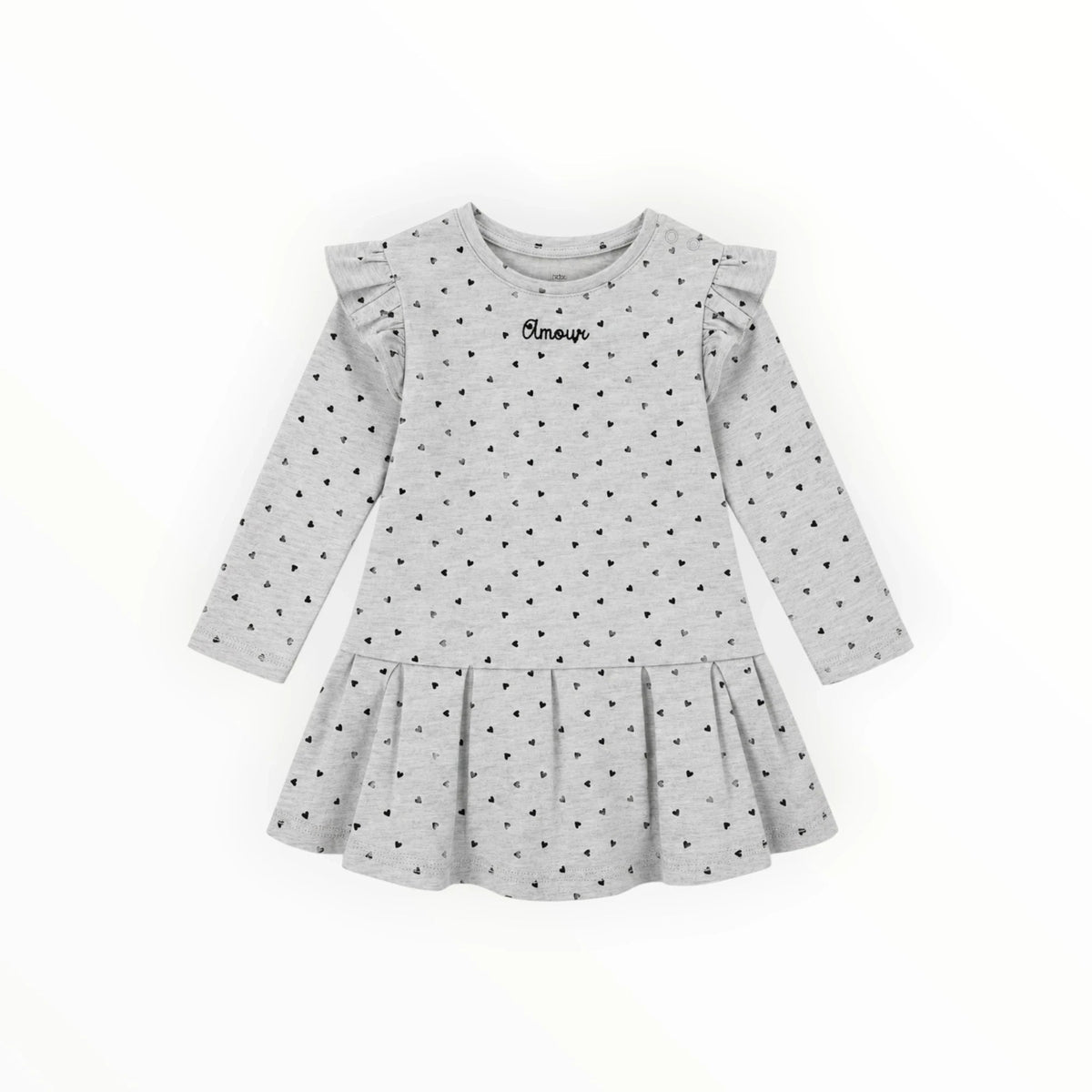 Pierrot Outlet grijze meisjesjurk met lange mouwen, hartjesprint, ruches op schouders en Amour borduursel.