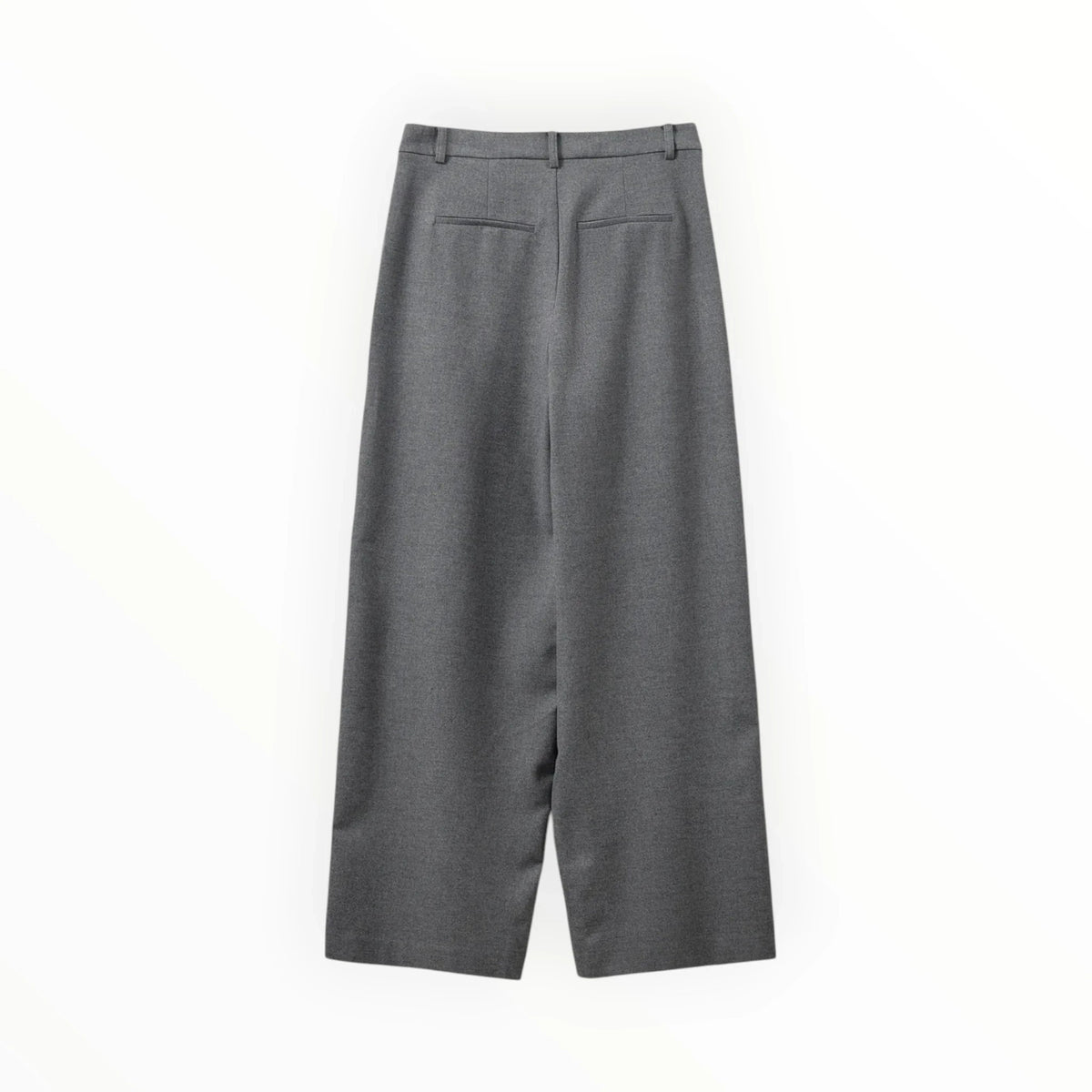 Pierrot Outlet grijze pantalon met hoge taille en wijde pijpen, gezien vanaf de achterkant met paspelzakken.