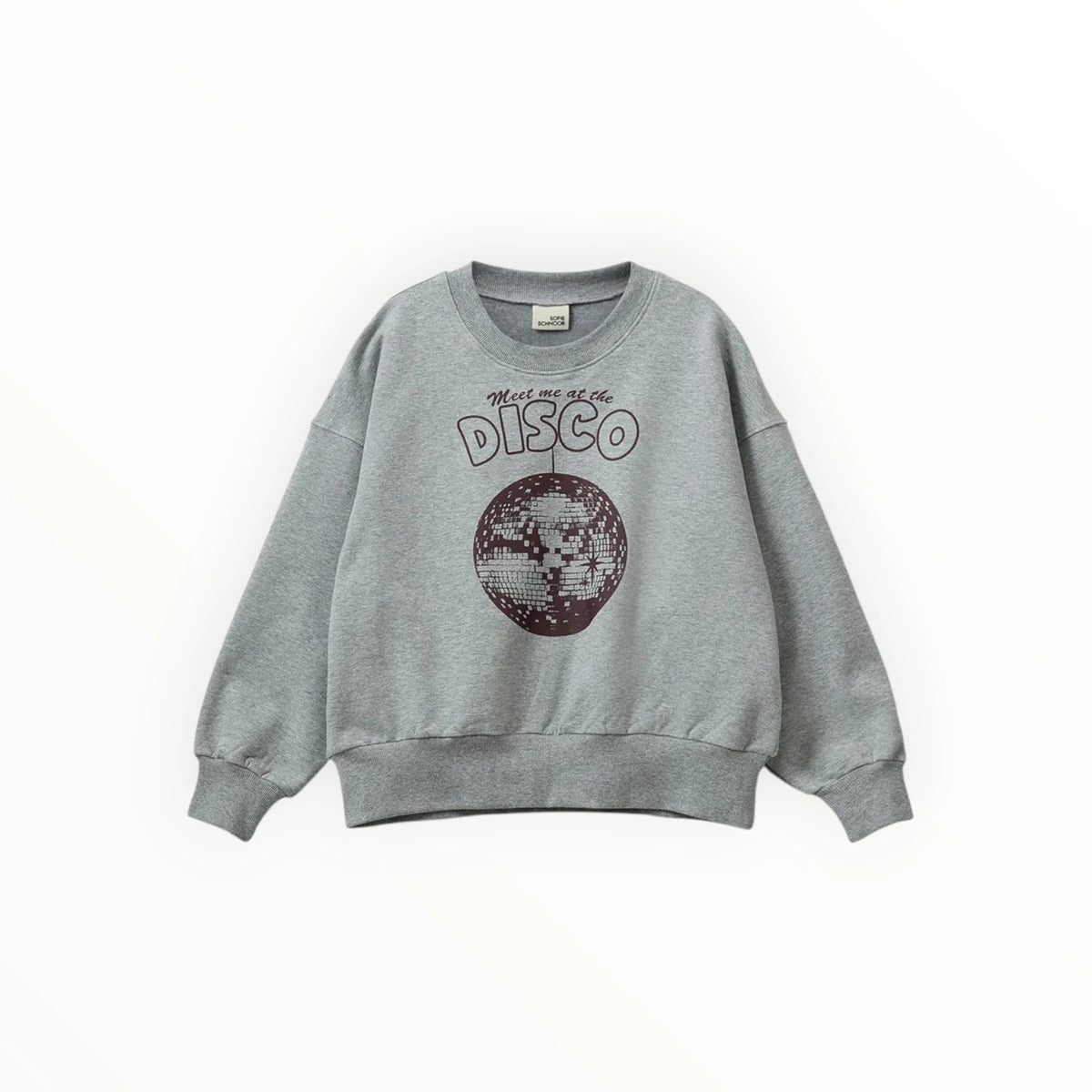Pierrot Outlet grijze SOFIE SCHNOOR sweater met Meet me at the Disco print en discobal op de voorzijde