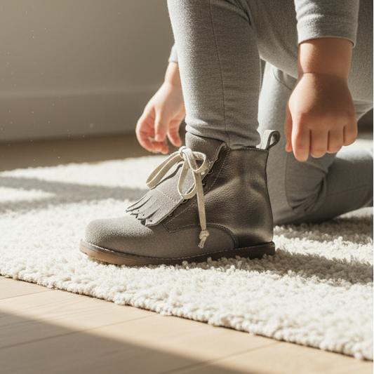 Pierrot Outlet grijze suède enkellaarsjes voor kinderen met franjes en veters, gedragen door een kind op een kleed.