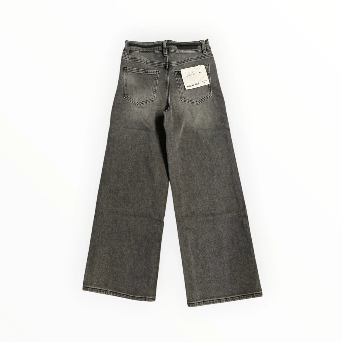 Pierrot Outlet grijze high-rise jeans met wijde pijpen en vintage wassing voor kinderen, achterkant zichtbaar.