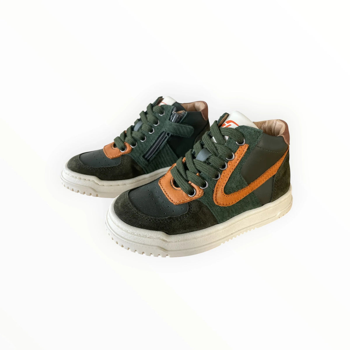Pierrot Outlet high-top sneakers voor kinderen in groen en cognac suède met veters en ritssluiting