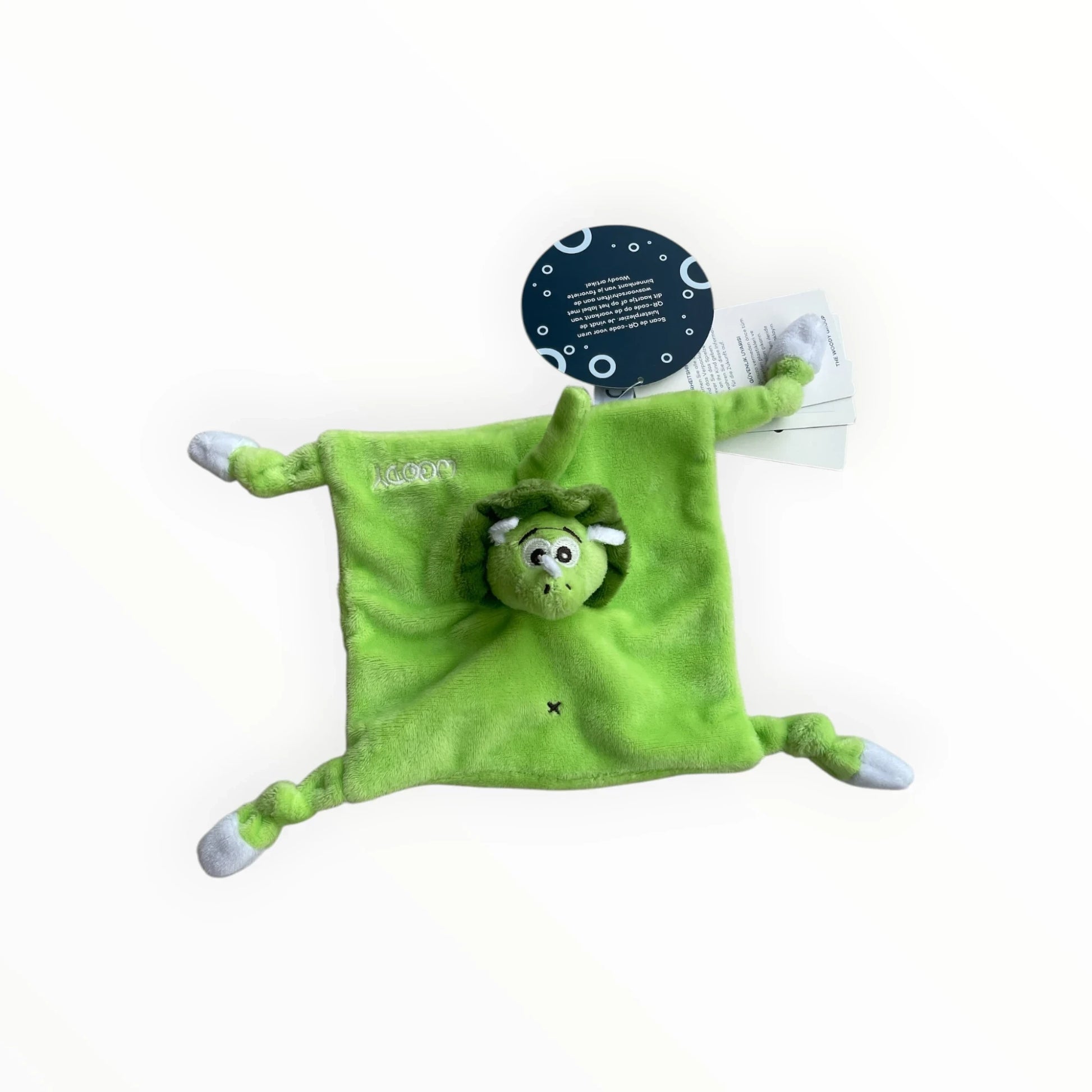 Pierrot Outlet groene dinosaurus knuffeldoek van zacht pluche met vriendelijke ogen en vier handige uiteinden voor baby's.