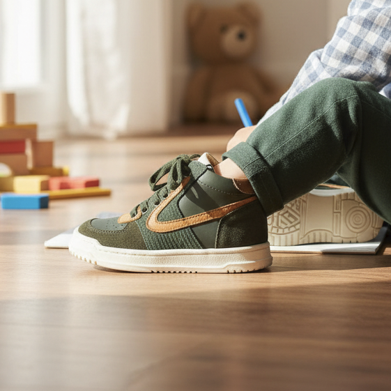 Pierrot Outlet halfhoge sneakers in groen suède met cognac accenten, gedragen door een kind dat op de vloer tekent.