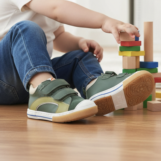 Pierrot Outlet kindersneakers in groen suède met klittenband, gedragen door een spelend kind op een houten vloer.