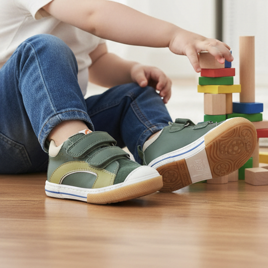 Pierrot Outlet kindersneakers in groen suède met klittenband, gedragen door een spelend kind op een houten vloer.
