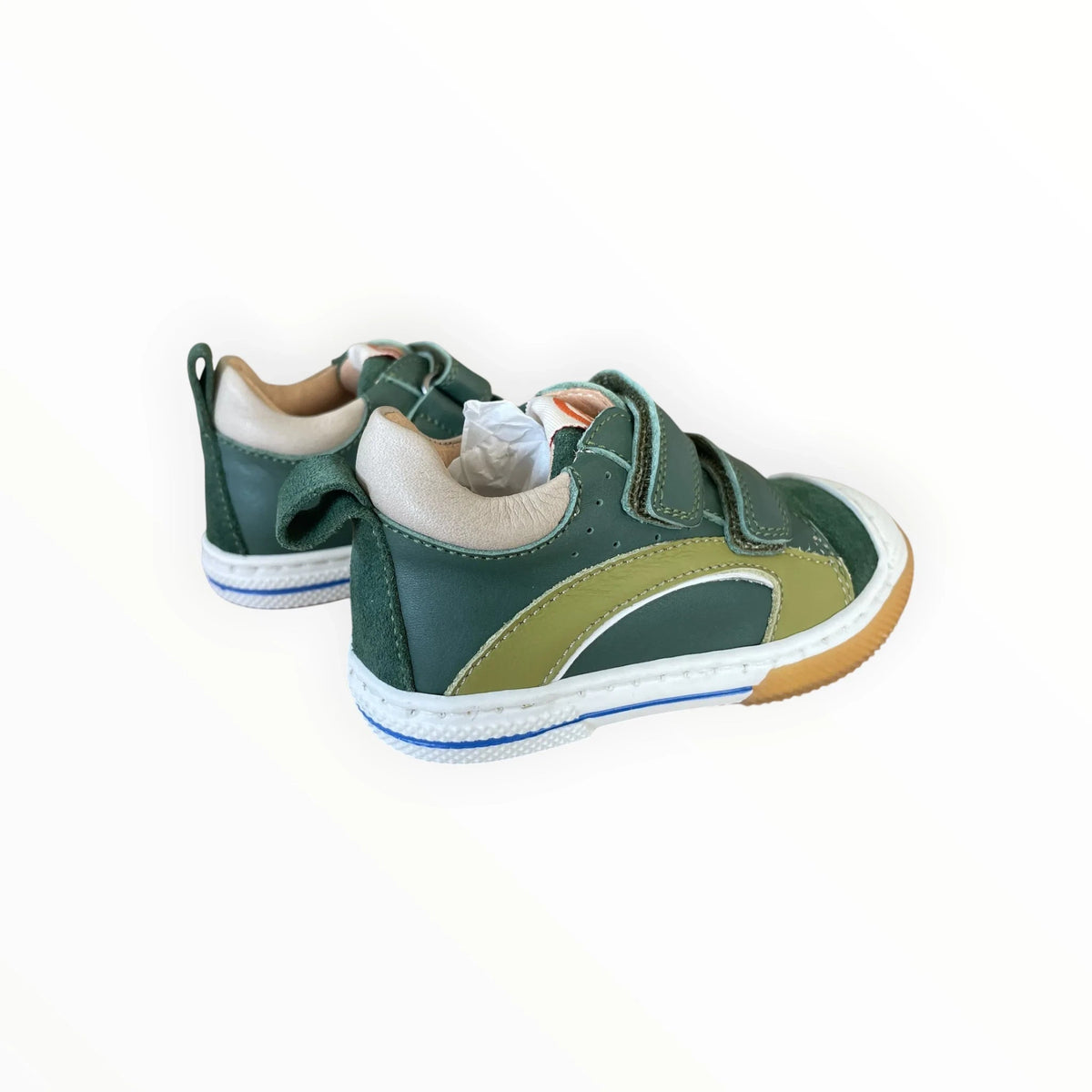Pierrot Outlet kindersneakers in groen en olijfgroen suède met klittenband en robuuste rubberen zool