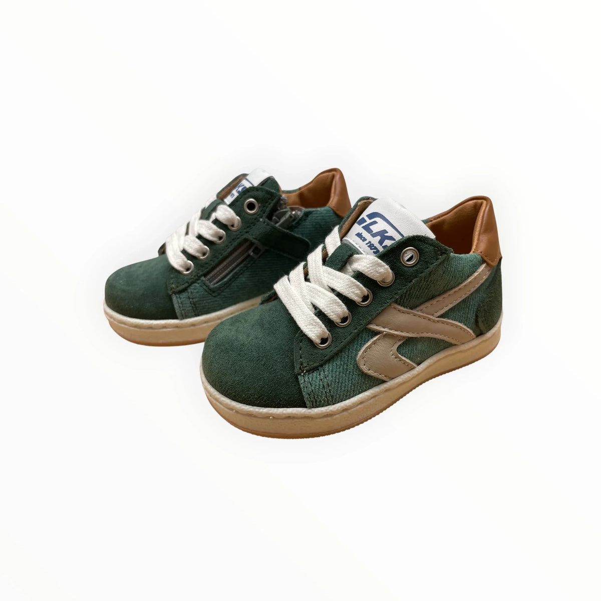 Pierrot Outlet diepgroene kindersneakers van suède en textiel met bruine accenten en handige ritssluiting