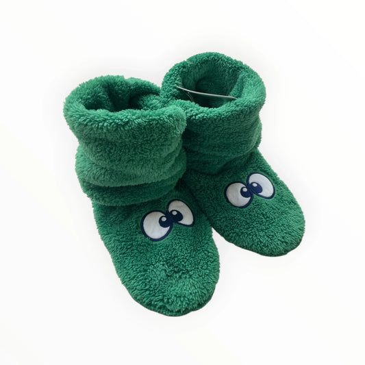 Pierrot Outlet groene pluche pantoffels met ogen en zachte voering, hoge schacht voor extra warmte.