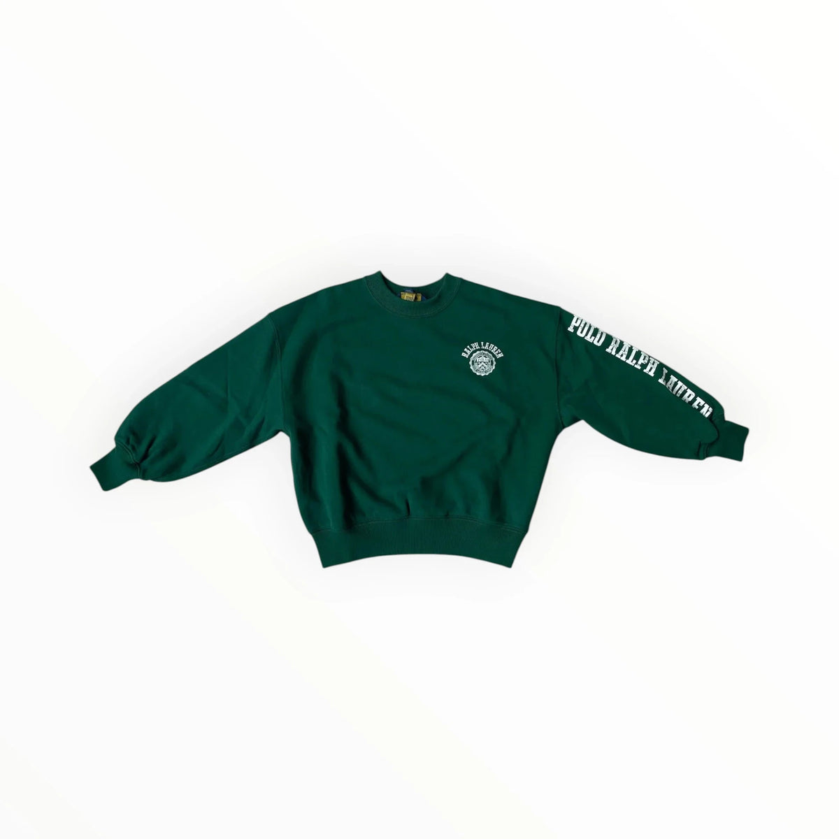 Pierrot Outlet diepgroene Polo Ralph Lauren sweater met ronde hals, geborduurd logo en opdruk op de mouw.