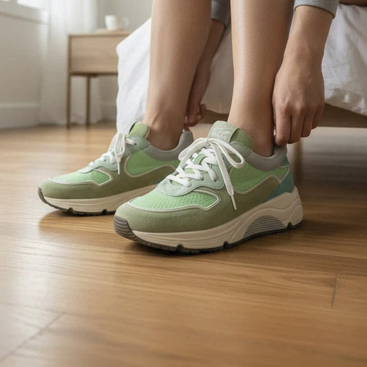Pierrot Outlet sportieve sneakers in groentinten van suède en textiel, gedragen door een vrouw in een slaapkamer.