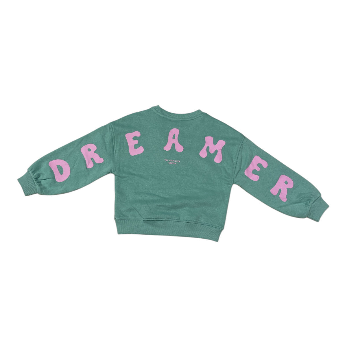 Pierrot Outlet meisjes trui in zacht groen met roze 'DREAMER' letters op de mouwen en vlinderprint.