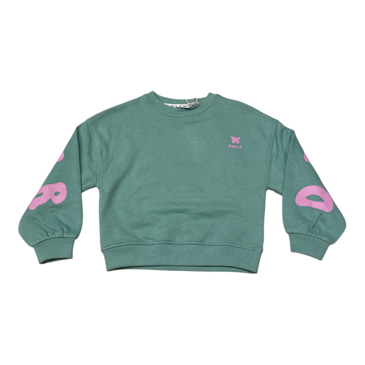 Pierrot Outlet meisjes trui in zacht groen met roze 'DREAMER' letters op de mouwen en vlinderprint.