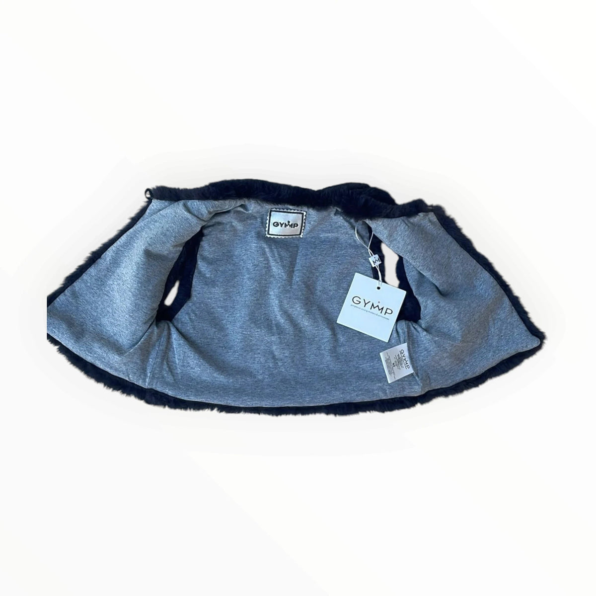 Pierrot Outlet Gymp kindervest in donkerblauw imitatiebont met een zachte grijze voering aan de binnenzijde.
