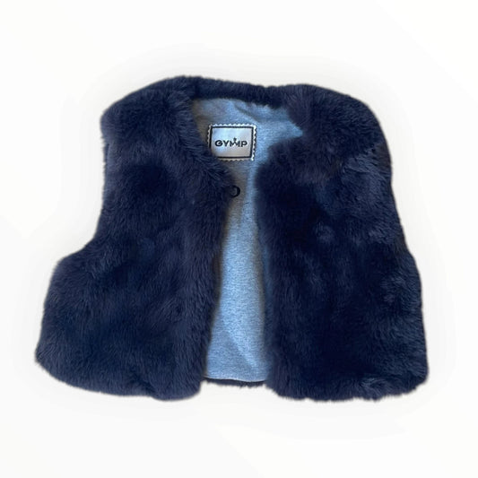 Pierrot Outlet donkerblauw imitatiebont kindervest van Gymp met zachte grijze voering en mouwloos ontwerp