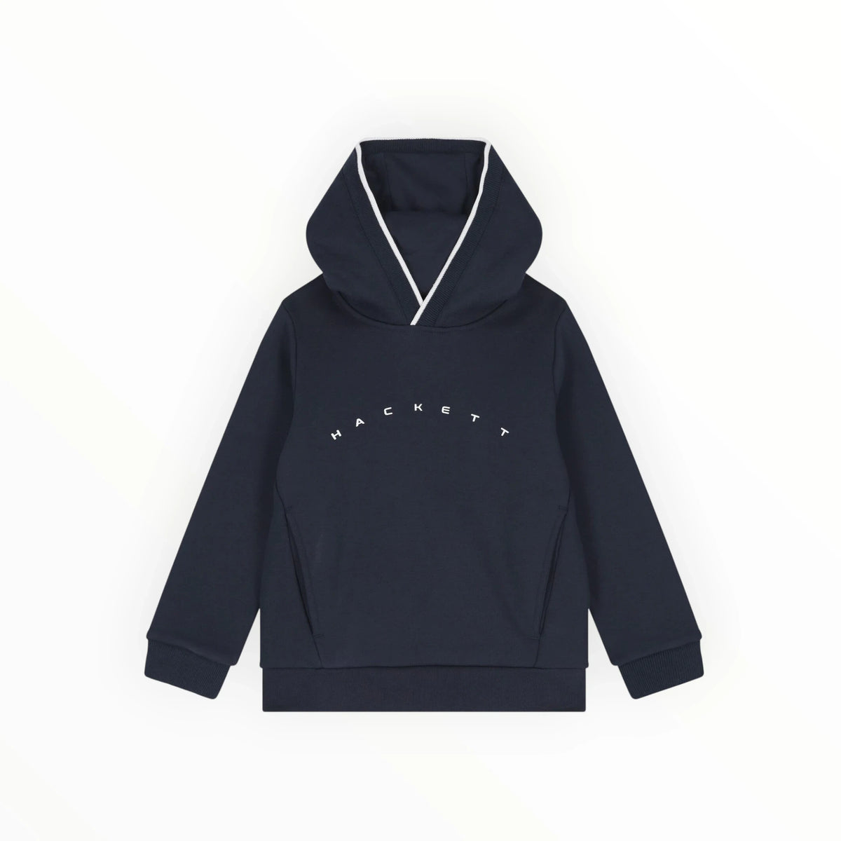 Donkerblauwe Pierrot Outlet Hackett hoodie met capuchon, contrasterende bies en wit gebogen logo op de voorzijde.