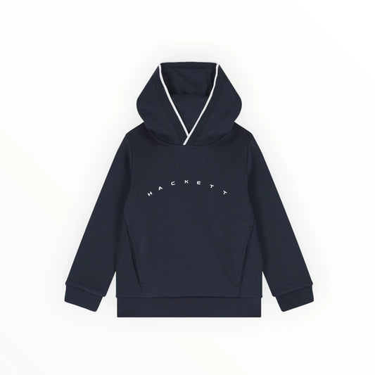 Donkerblauwe Pierrot Outlet Hackett hoodie met capuchon, contrasterende bies en wit gebogen logo op de voorzijde.
