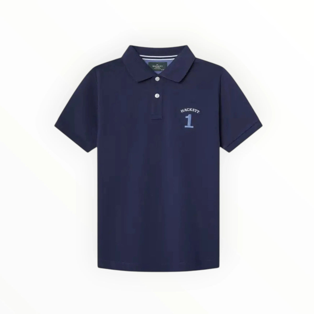 Pierrot Outlet donkerblauwe Hackett poloshirt voor kinderen met korte mouwen, kraag en nummer 1 op de borst.