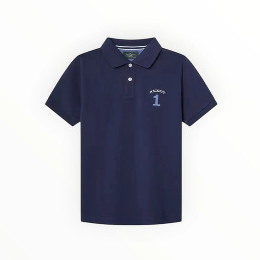 Pierrot Outlet donkerblauwe Hackett poloshirt voor kinderen met korte mouwen, kraag en nummer 1 op de borst.
