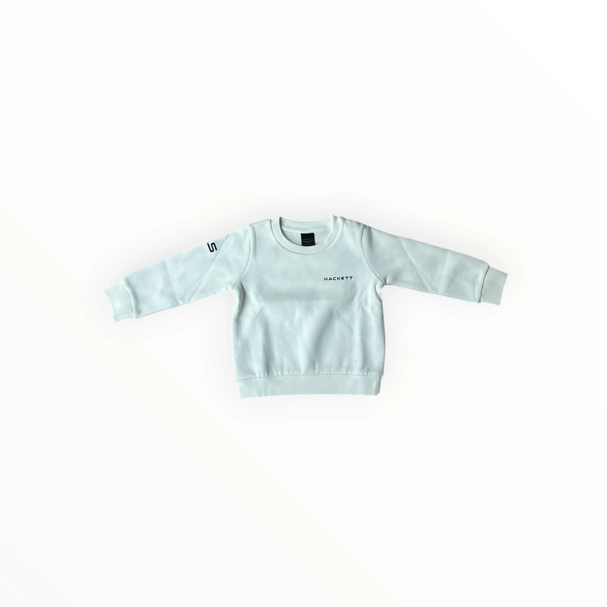 Pierrot Outlet lichtblauwe Hackett sweater voor kinderen met ronde hals, logo op de borst en detail op de mouw.