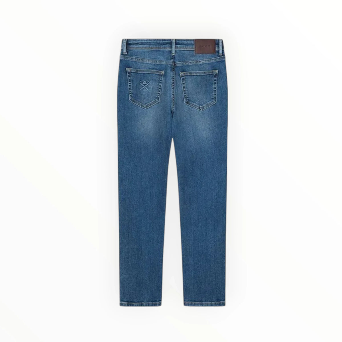 Achterkant van een blauwe Hackett London jeans voor jongens met het merklabel en stiksels, verkocht door Pierrot Outlet