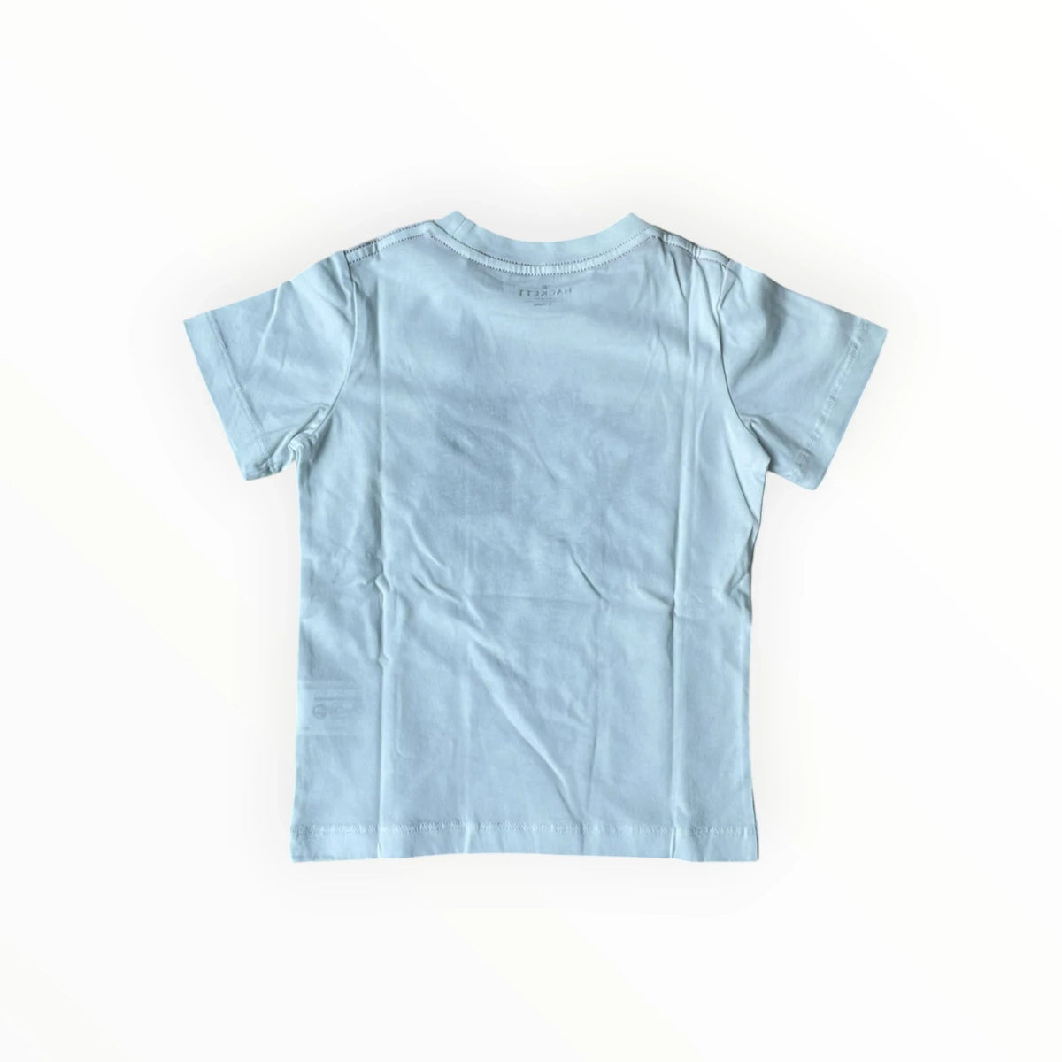 Achterkant van een lichtblauw Hackett London katoenen T-shirt voor jongens met korte mouwen en ronde hals.