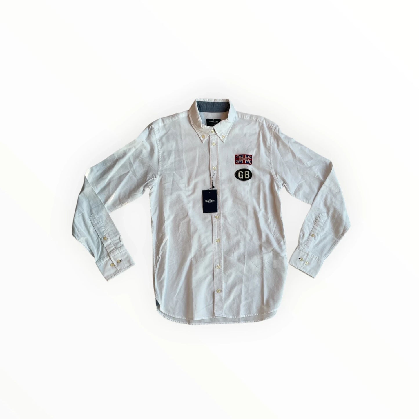 Wit katoenen Hackett London overhemd van Pierrot Outlet met button-down kraag, Union Jack en GB-patch op de borst.