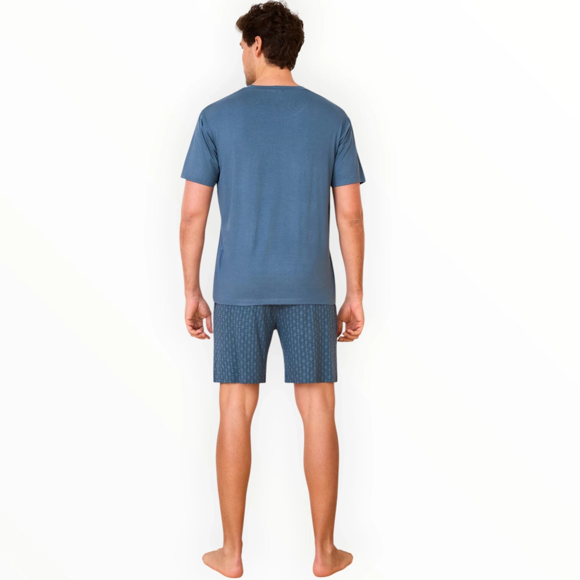 Pierrot Outlet blauwe katoenen pyjamaset voor heren met T-shirt en korte broek met patroon