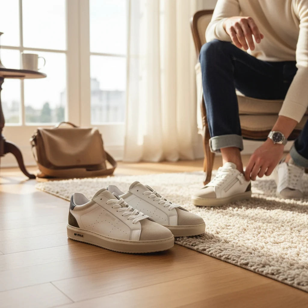 Pierrot Outlet HIP sneakers in wit leer en suède met contrasterende details, gedragen door een man in een woonkamer.