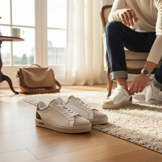 Pierrot Outlet HIP sneakers in wit leer en suède met contrasterende details, gedragen door een man in een woonkamer.