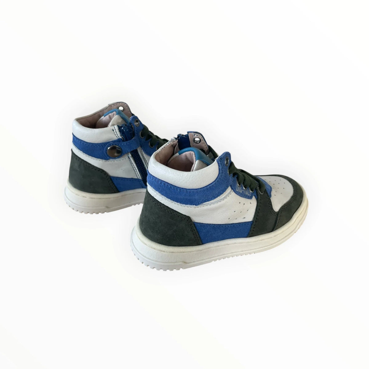 Pierrot Outlet hoge sneakers voor kinderen in blauw, grijs en wit leer met ritssluiting en stevige zool