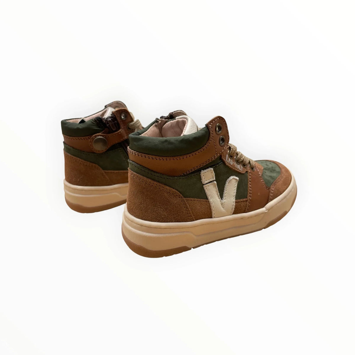 Pierrot Outlet hoge sneakers voor kinderen in olijfgroen en bruin suède met veters, rits en stevige zool.