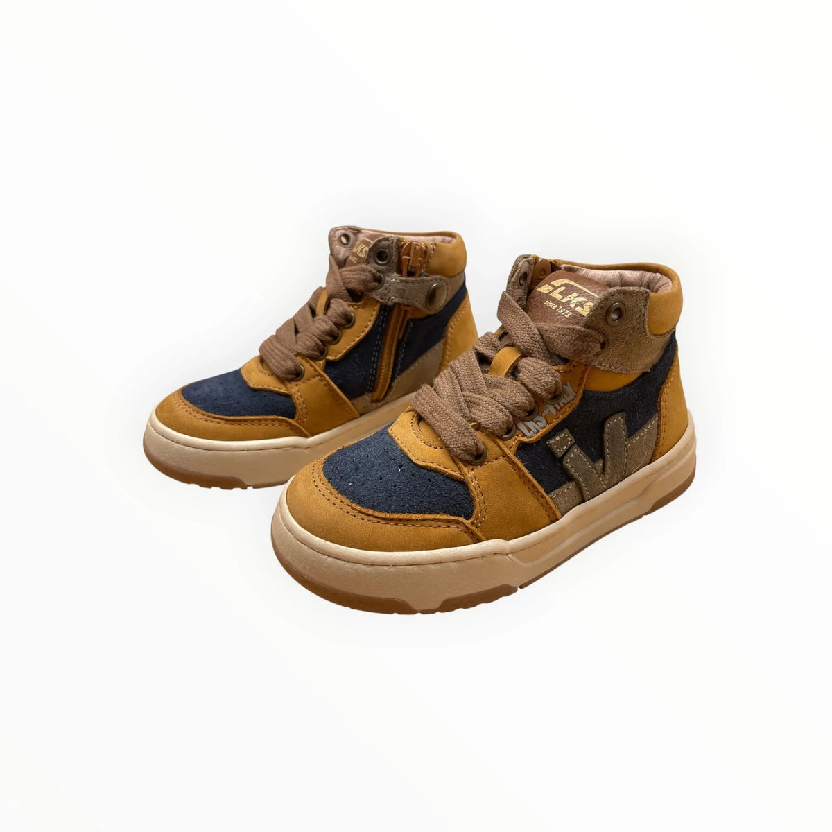 Pierrot Outlet hoge sneakers voor kinderen in okergeel, blauw en bruin met veters en ritssluiting