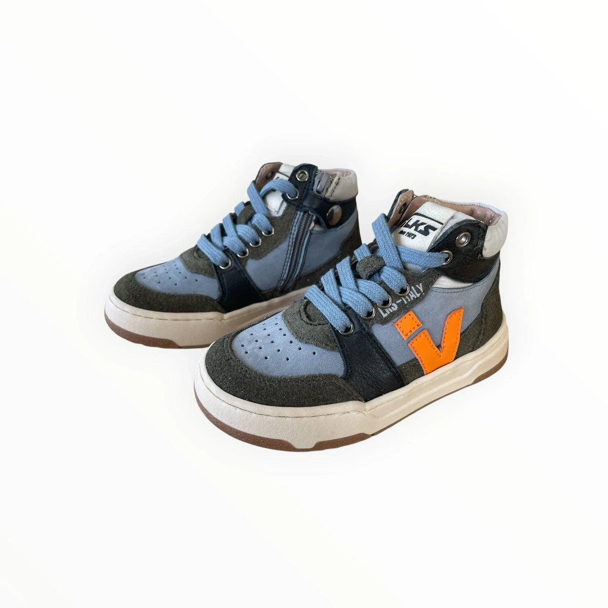 Pierrot Outlet hoge sneakers voor kinderen in blauw, donkergroen en oranje leer met ritssluiting en rubberen zool.